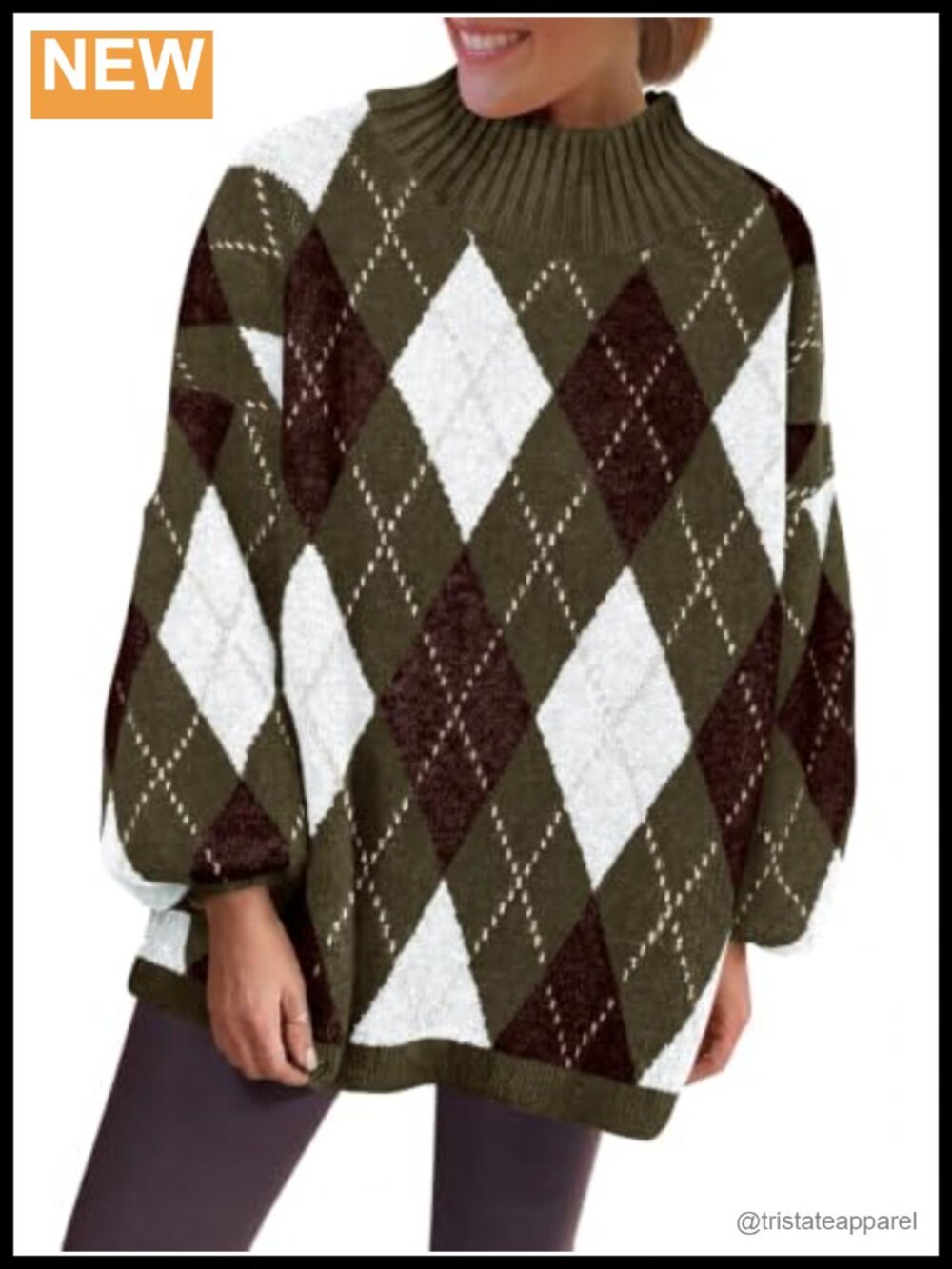 Chunky Knit Pullover Sweater, Argyle Pattern, Lantern Sleeve, Crew Neck